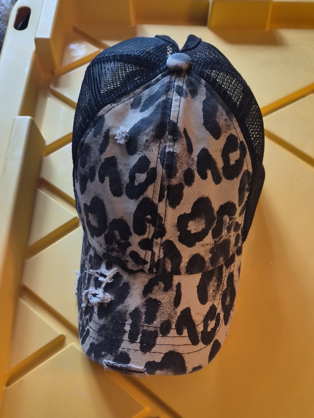 Leopard Print Distressed Mesh Baseball Cap - Black & Beige with ponytail slot